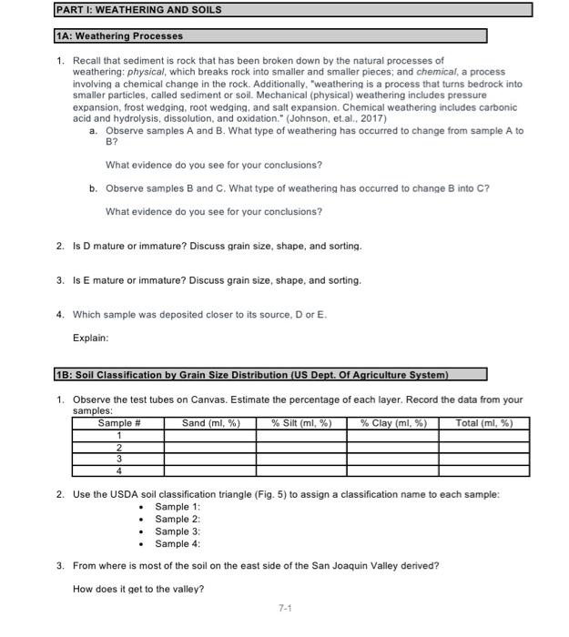 Solved PART 1: WEATHERING AND SOILS 1A: Weathering Processes | Chegg.com