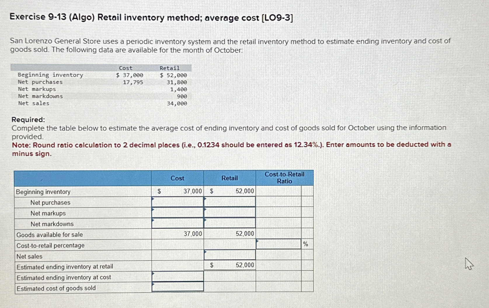 Solved Exercise 9-13 (Algo) ﻿Retail inventory method; | Chegg.com