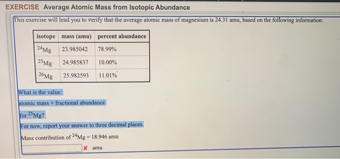 What Is The Fractional Abundance Of 24mg? Solved: EXERCISE Average Atomic Mass From Isotopic Abundan... | Chegg.com