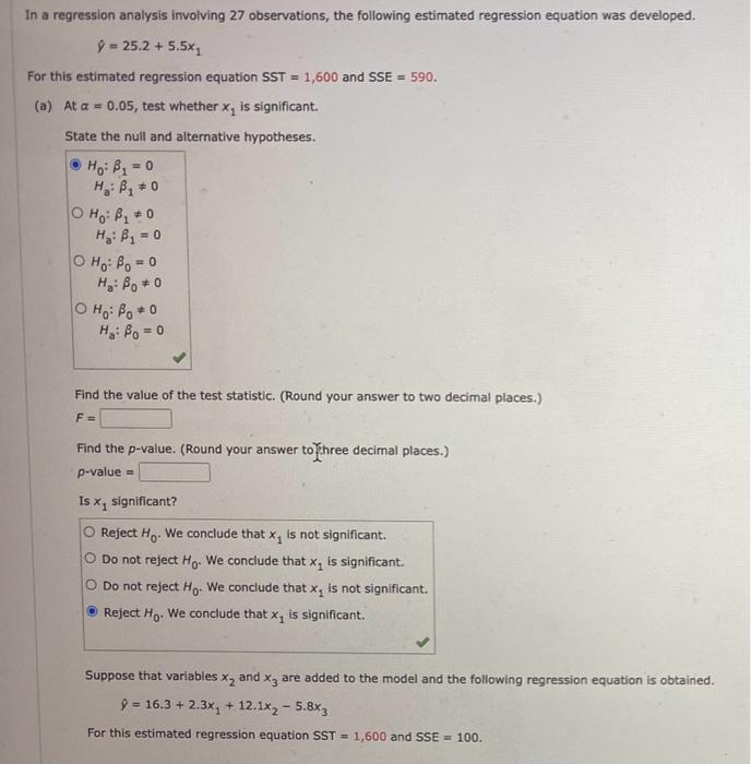 Solved Regression Analysis Involving 27 Observations, The | Chegg.com