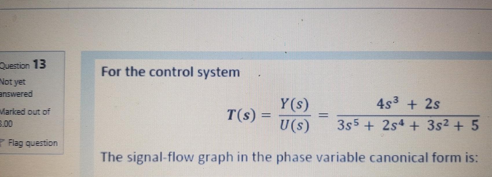 Solved Question 13 For the control system T(s) = Y(s) U(s) | Chegg.com