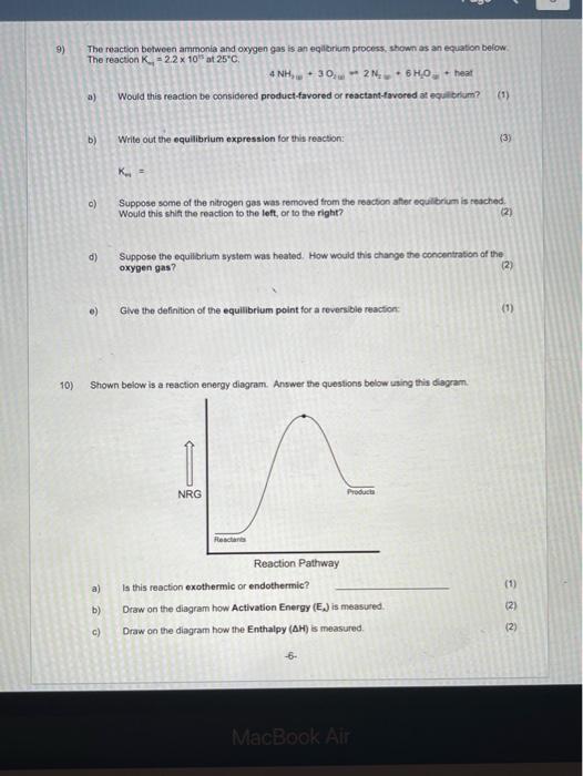 Solved 9) The reaction between ammonia and oxygen gas is an | Chegg.com