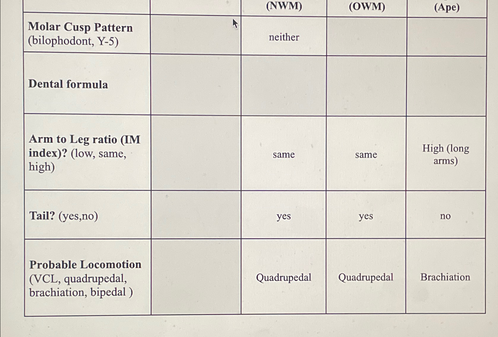 \table[[,,(NWM),(OWM),(Ape)],[\table[[Molar Cusp