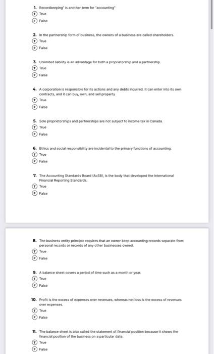 Solved 1 Recordkeeping Is Another Term For Accounting True Chegg