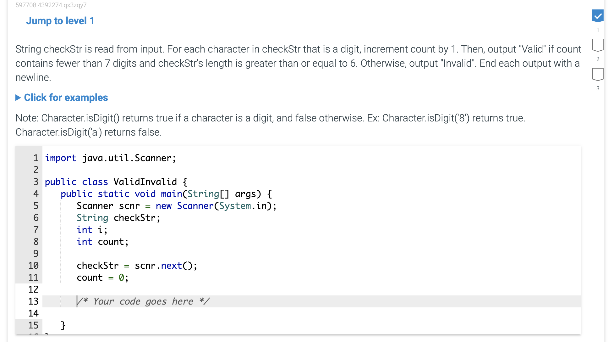 Solved Jump to level 1String checkStr is read from input. | Chegg.com