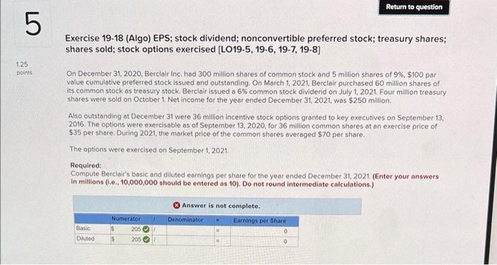 Solved Exercise 19-19 (Algo) EPS; Stock Dividend; | Chegg.com