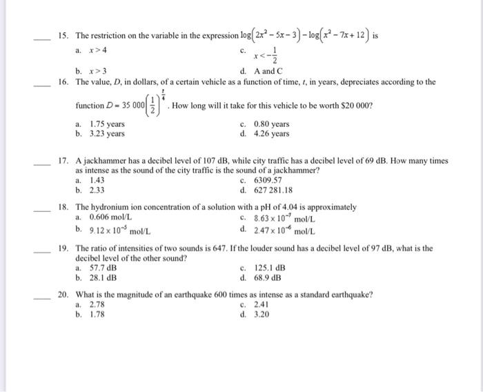 Solved 15. The restriction on the variable in the expression