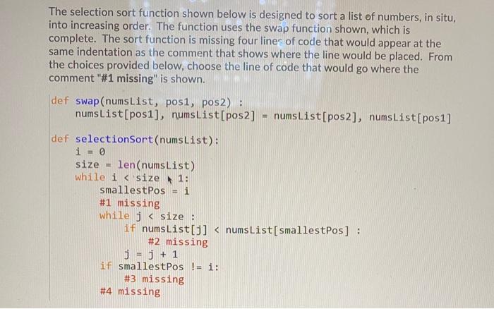 Solved The selection sort function shown below is designed | Chegg.com