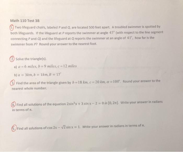 Solved Math 110 Test 3B Two lifeguard chairs, labeled P and | Chegg.com
