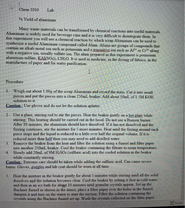 Solved Chem 1010 Lab Yield of aluminum Many waste