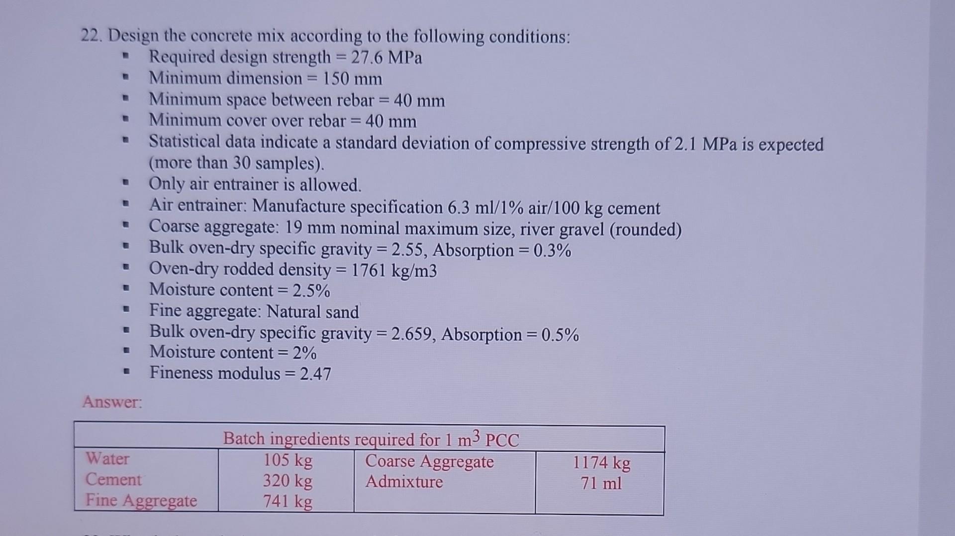 Solved 22. Design the concrete mix according to the