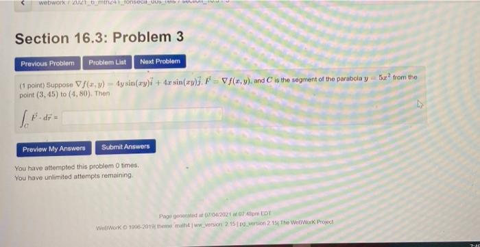 Solved webwork muhatons Section 16.3: Problem 3 Previous | Chegg.com
