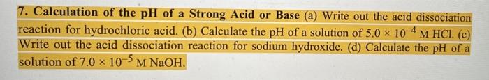 Solved 7. Calculation of the pH of a Strong Acid or Base (a) | Chegg.com