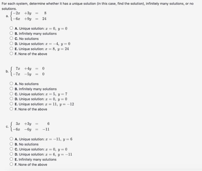 Solved or each system, determine whether it has a unique | Chegg.com
