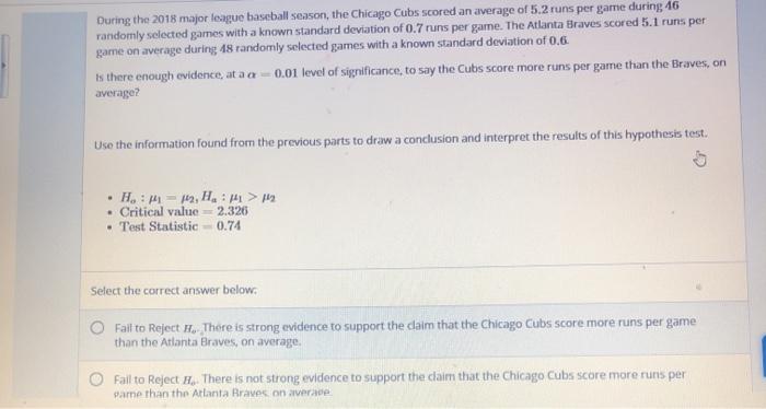 Solved During the 2018 major league baseball season, the | Chegg.com