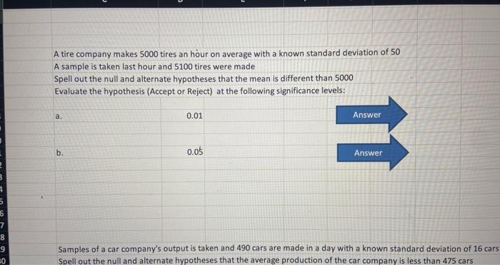 A tire company makes 5000 tires an hour on average with a known standard deviation of 50
A sample is taken last hour and 5100