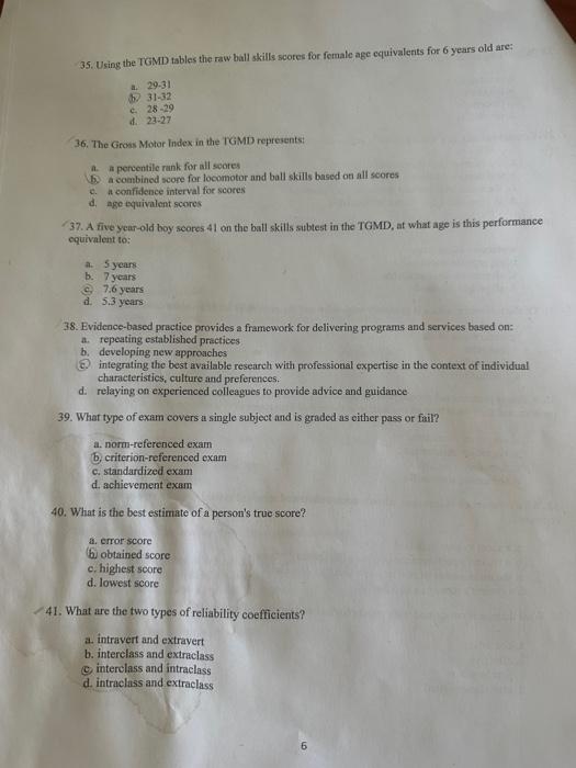 Solved 35. Using the TGMD tables the raw ball skills scotes | Chegg.com