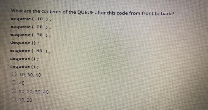 Solved What are the contents of the QUEUE after this code | Chegg.com