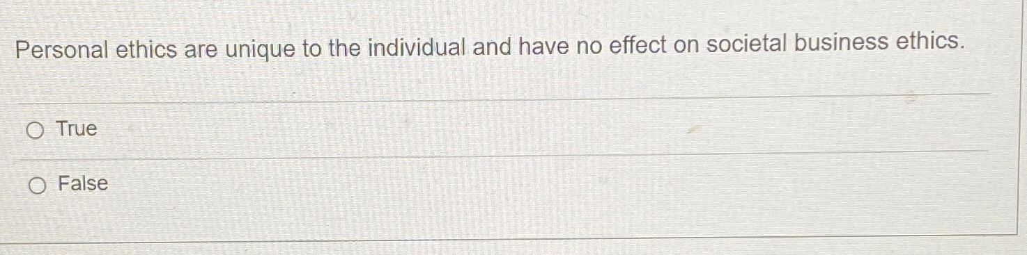 Solved Personal ethics are unique to the individual and have | Chegg.com