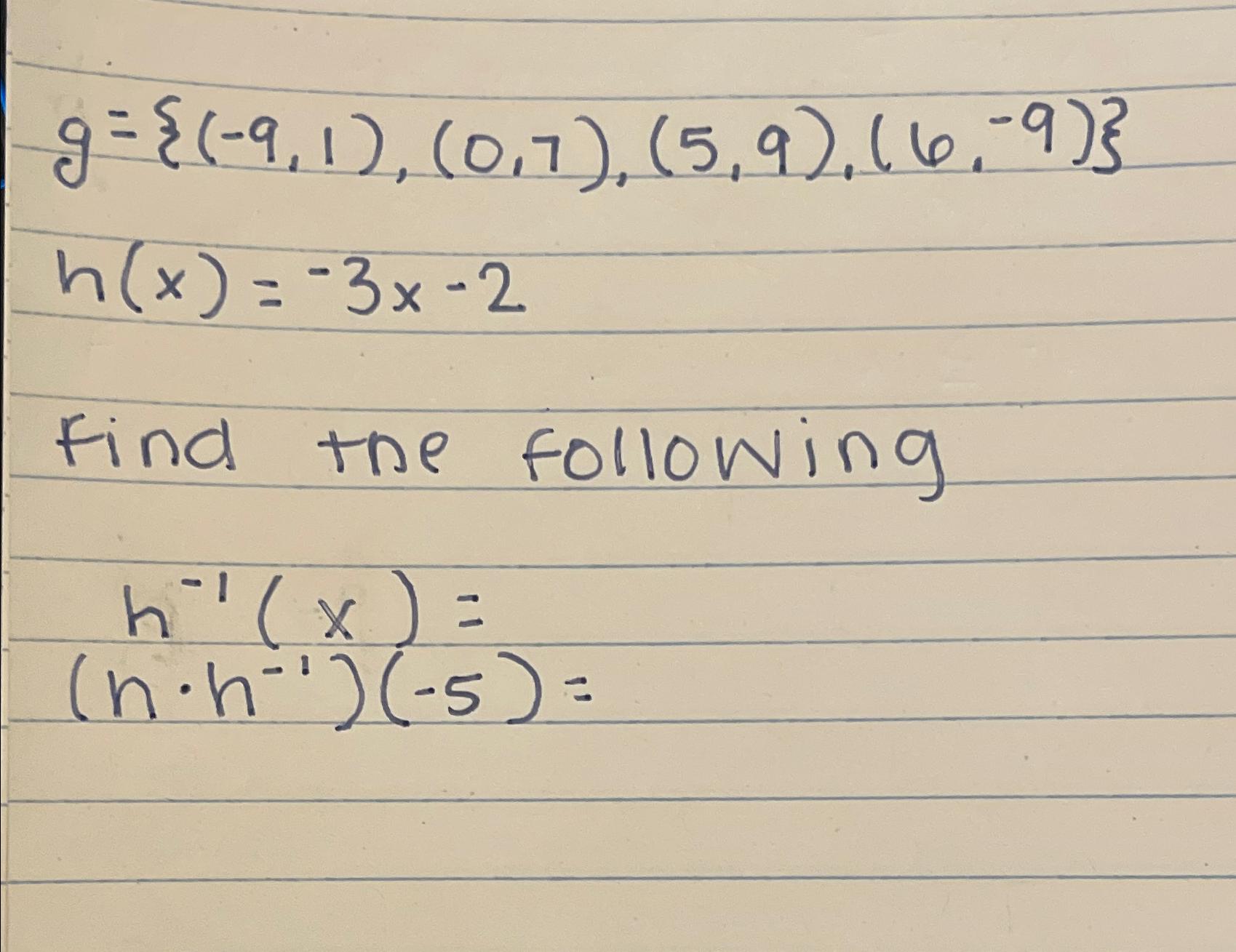 Solved G={(-9,1),(0,7),(5,9),(6,-9)}h(x)=-3x-2Find The | Chegg.com