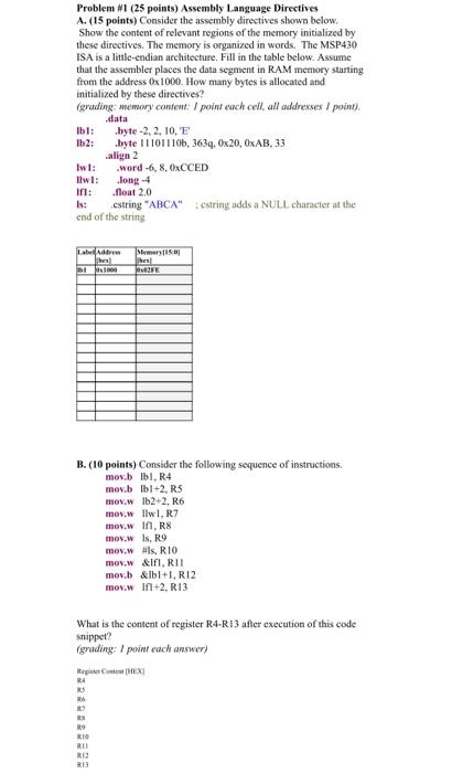 Solved Problem 1 25 points Assembly Language Directives Chegg