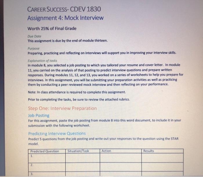 Career Success Cdev 1830 Assignment 4 Mock Interv Chegg Com