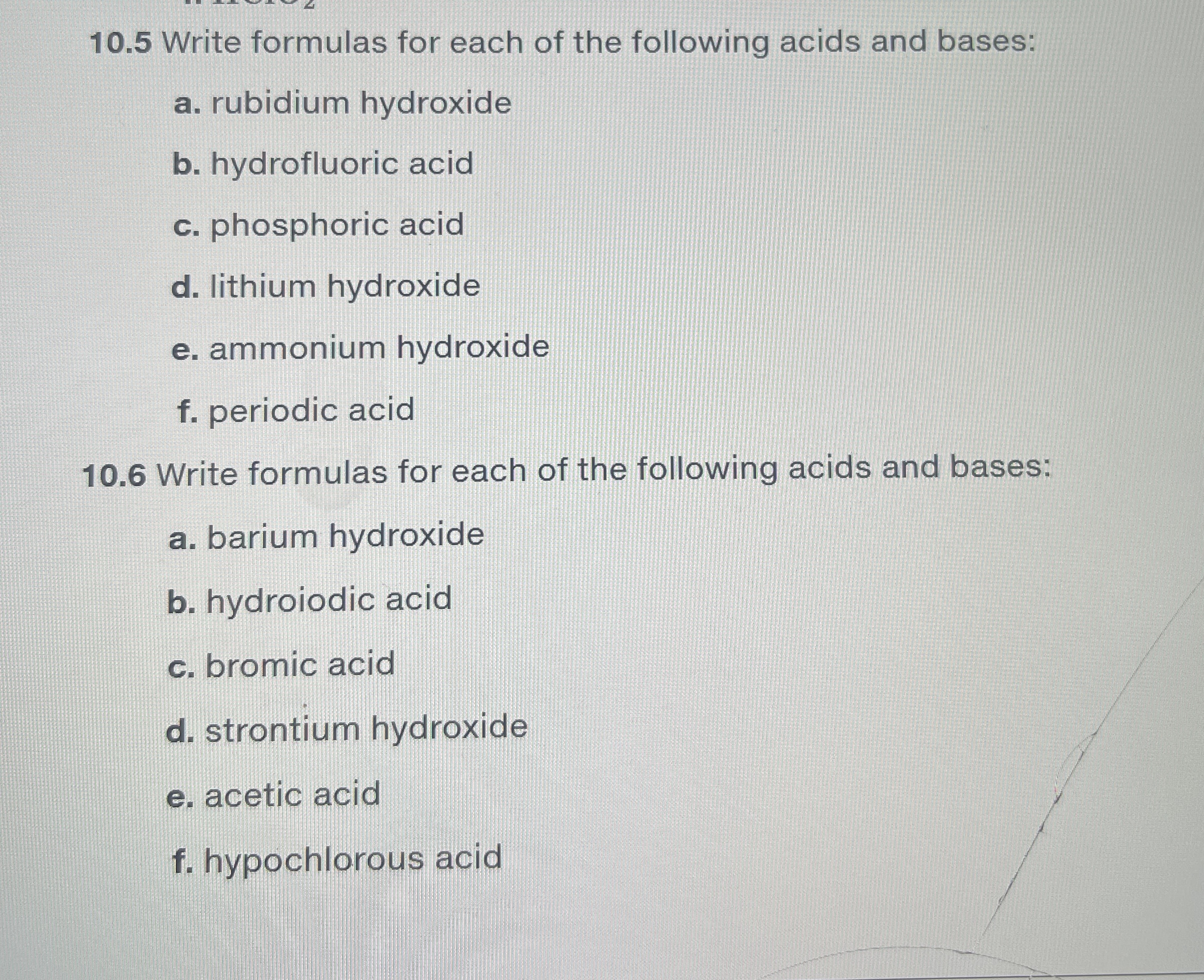 Solved 10.5 ﻿Write formulas for each of the following acids | Chegg.com