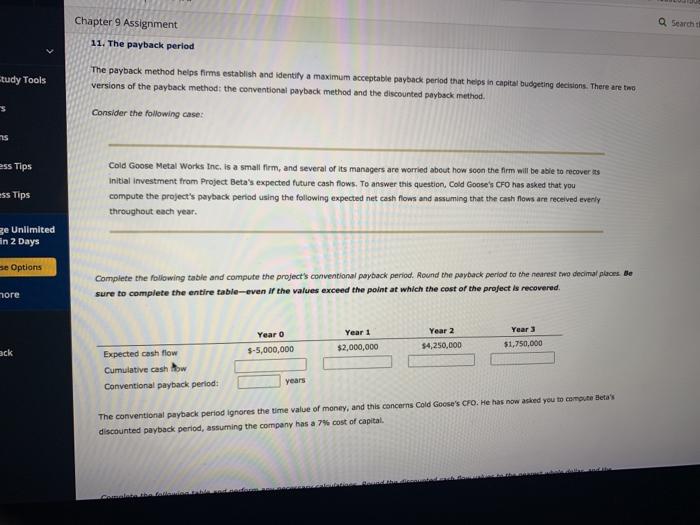 Solved Chapter 9 Assignment Search 11. The payback period | Chegg.com