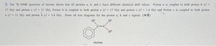 2. The H NMR spectrum of styrene shows that all protons a, b., and c have different chemical shin values. Proton a is couple