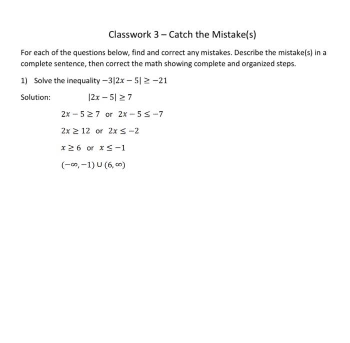 Solved Classwork 3 - Catch the Mistake(s) For each of the | Chegg.com