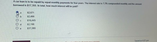 Solved A car loan is to be repaid by equal monthly payments | Chegg.com