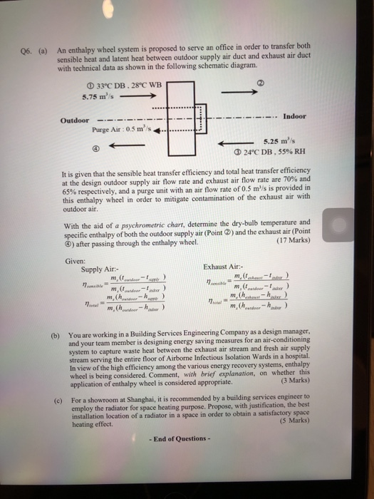 Q6. (a) An enthalpy wheel system is proposed to serve | Chegg.com