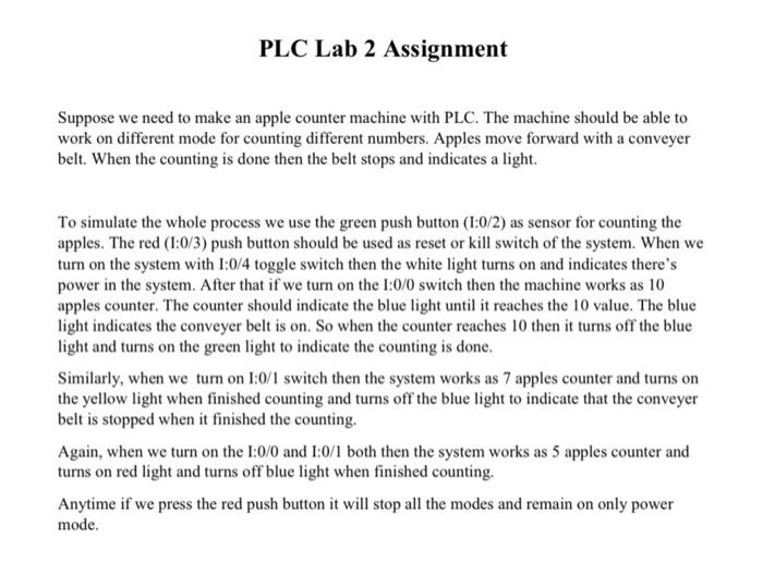 Solved PLC Lab 2 Assignment Suppose we need to make an apple | Chegg.com