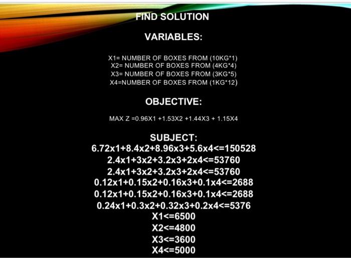 Solved FIND SOLUTION VARIABLES: X1= NUMBER OF BOXES FROM | Chegg.com