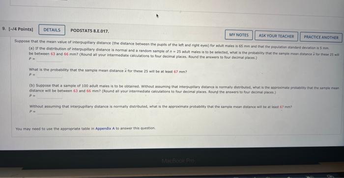 Solved 5uppose that the mean volue of interpupitary distance | Chegg.com