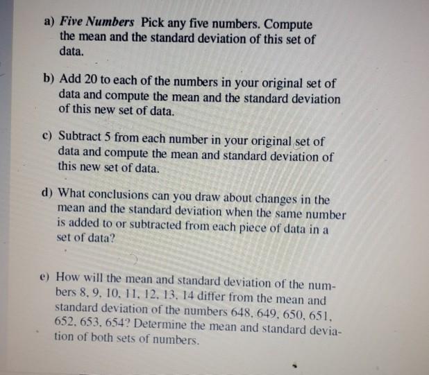 Solved a) Five Numbers Pick any five numbers. Compute the | Chegg.com