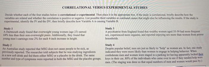 Solved CORRELATIONAL VERSUS EXPERIMENTAL STUDIES Decide Chegg Com   Image