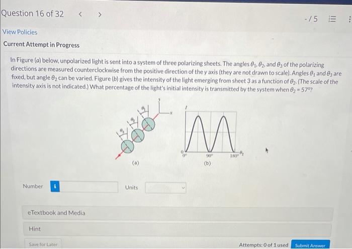 In Figure \( (a) \) below, unpolarized light is sent into a system of three polarizing sheets. The angles \( \theta_{1}, \the