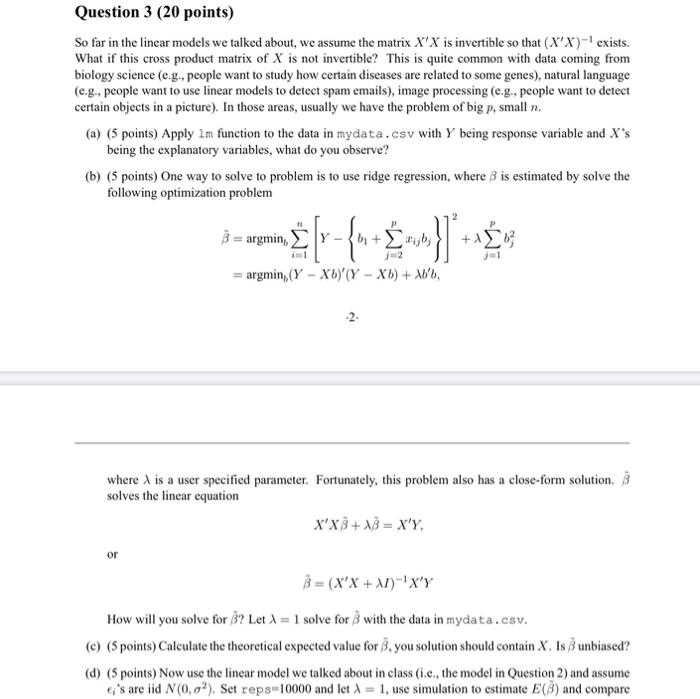 Question 3 (20 points) So far in the linear models we | Chegg.com