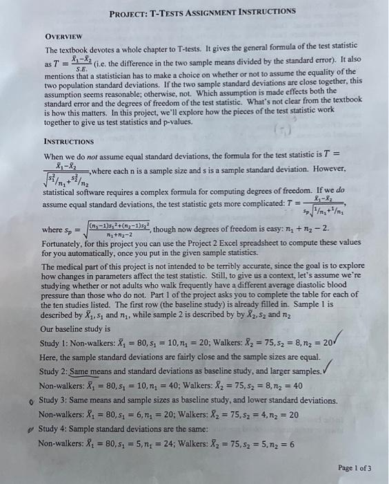 Solved ProJECT: T-TESTS AssignMENT INSTRUCTIONS OVERVIEW The | Chegg.com