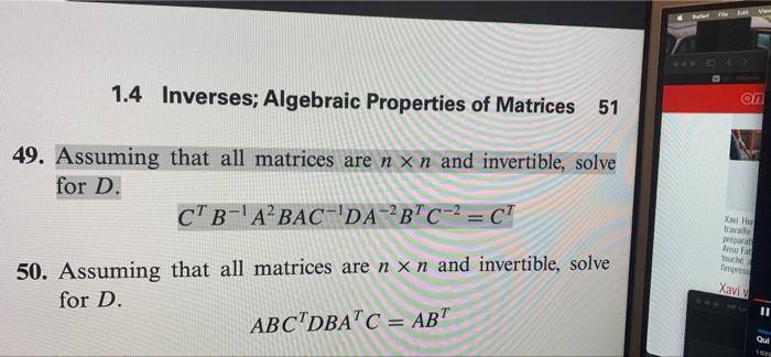 Solved 1.4 Inverses; Algebraic Properties of Matrices On 49. | Chegg.com