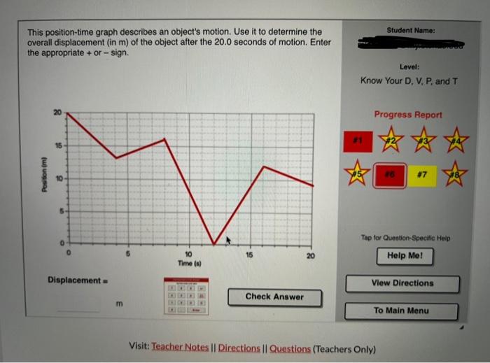 This position-time graph describes an objects motion. Use it to determine the overall displacement (in \( \mathrm{m} \) ) of