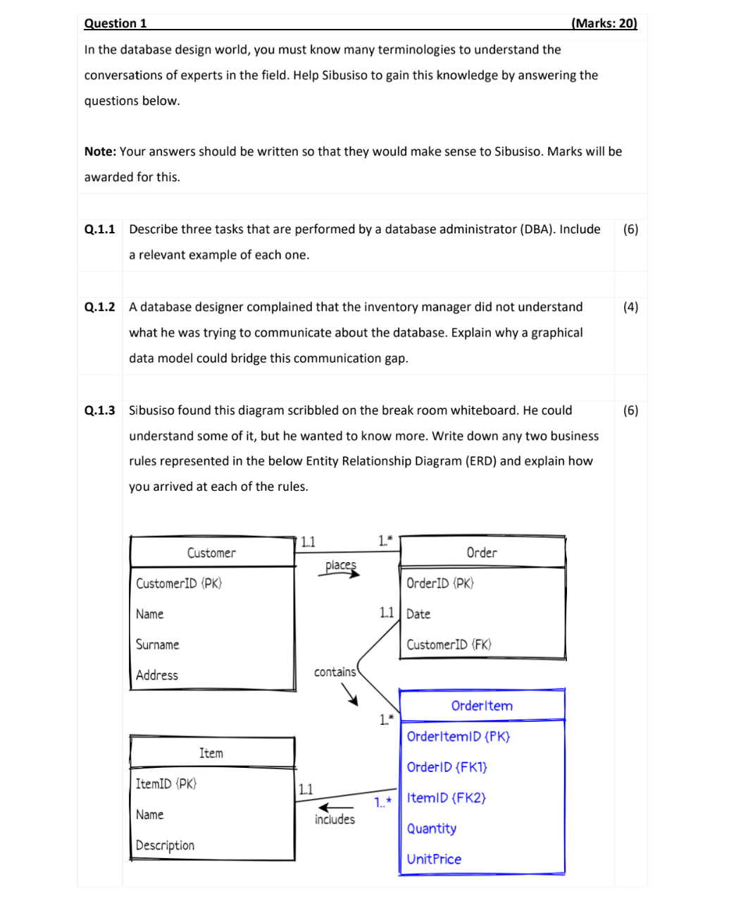 Question 1
(Marks: 20)
In the database design world, you must know many terminologies to understand the conversations of expe