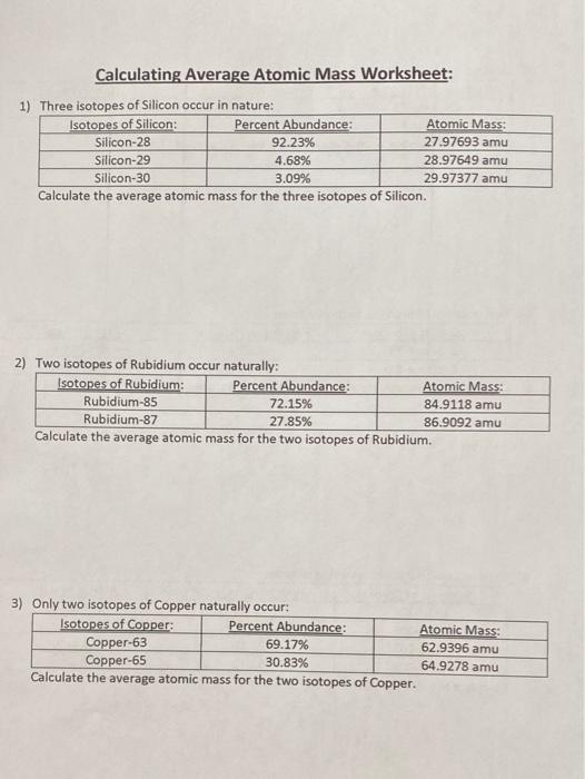 Solved Calculating Average Atomic Mass Worksheet: 1) Three | Chegg.com