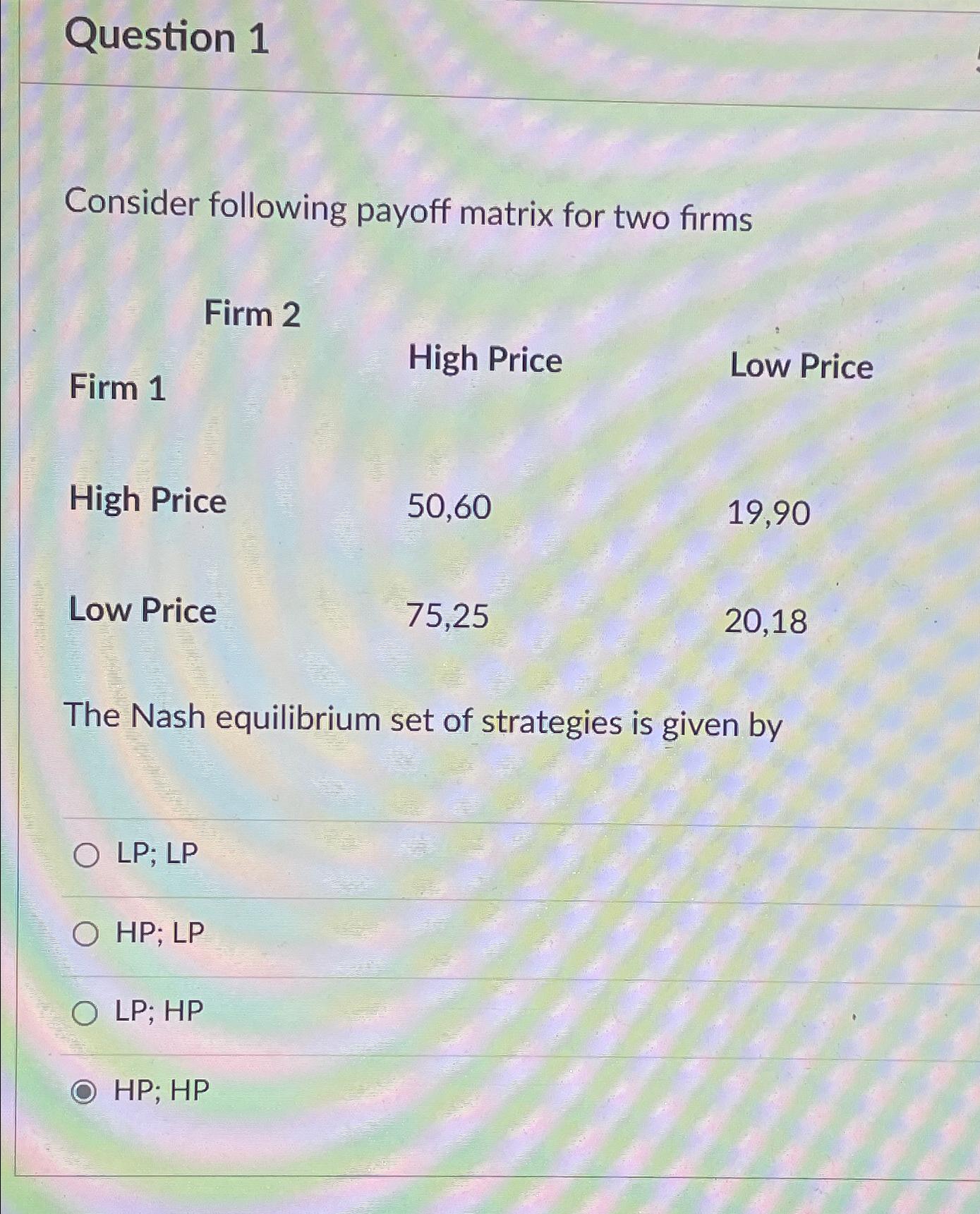 Solved Question 1Consider Following Payoff Matrix For Two | Chegg.com