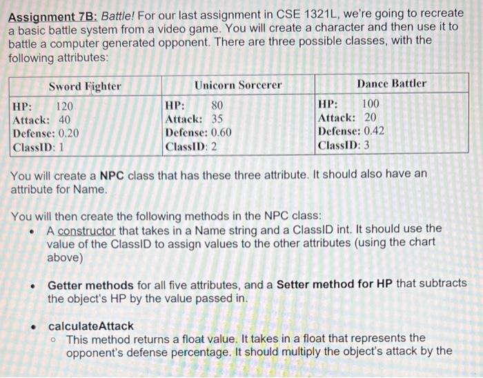 Solved Assignment 7B: Battle! For Our Last Assignment In CSE | Chegg.com