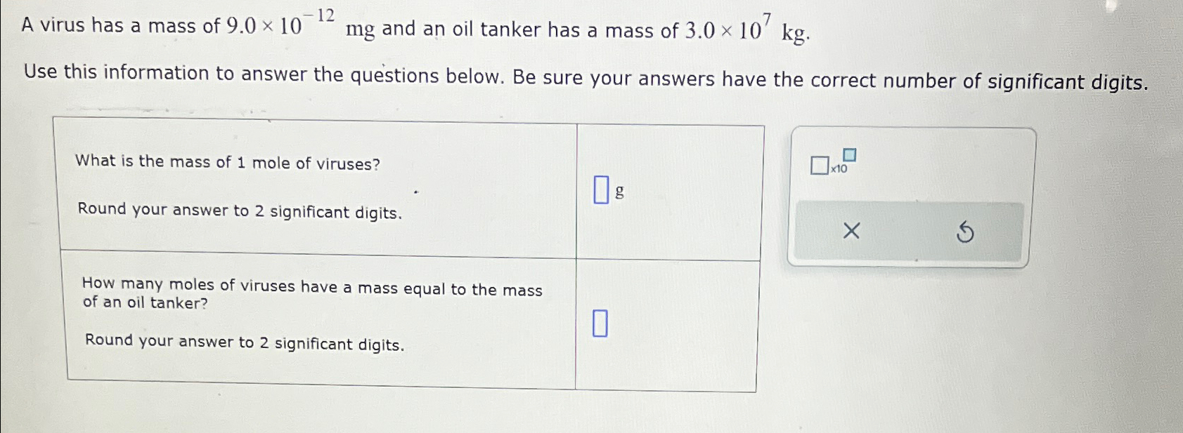 A virus has a mass of 9.0×10-12mg ﻿and an oil tanker | Chegg.com