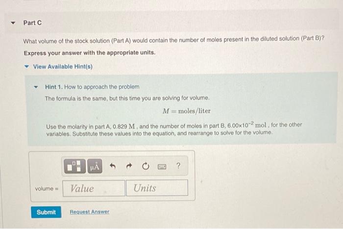 Solved Part C What volume of the stock solution (Part A) | Chegg.com