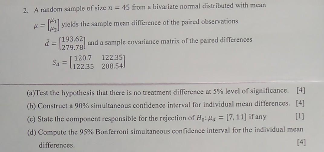 Solved 2. A random sample of size n=45 from a bivariate | Chegg.com