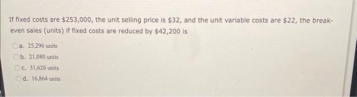 Solved If fixed costs are $253,000, the unit selling price | Chegg.com